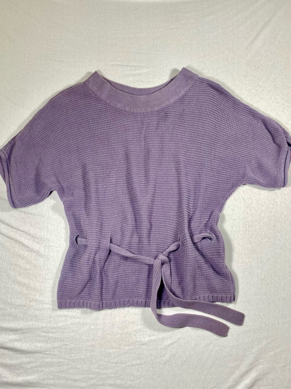 ELLE Purple Knit Sweater Size S Short Sleeve Belted Waist Tie